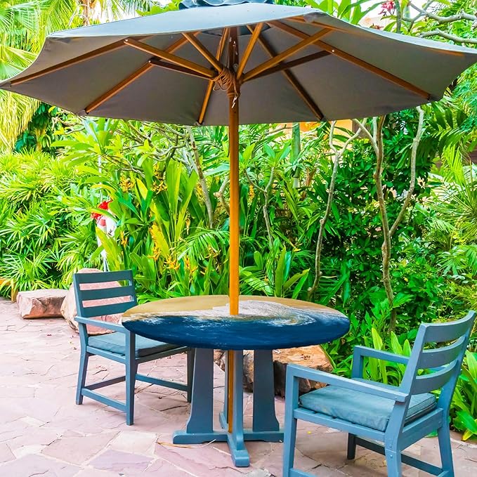 2 Pcs Round Outdoor Tablecloth with Umbrella Hole - Anti-Wrinkle Polyester Tablecloth with Elastic Zipper Table Cover for Summer Patio Camping Party(45''-53'',Ocean)