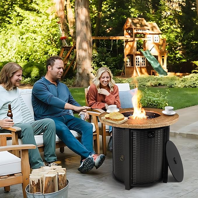 30 Inch Round Propane Fire Pit,50,000 BTU Iron Gas Firepit with Ignition Systems, w/Lid, Glass Stones,Outdoor Fire Table for Outside Patio,Deck-Black