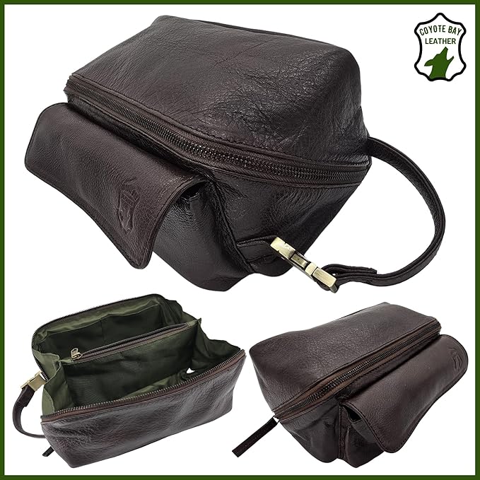 Coyote Bay® Premium Full Grain Soft Leather Makeup Bag Large 9 Inch, Travel Organizer Pouch, Shaving Kit, Cosmetics Toiletry Bathroom Organizer Kit