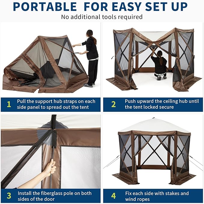 10x10FT Portable Gazebo Tent with Mosquito Netting - Instant Setup Canopy Shelter, 6 Sidewalls & Carry Bag, Stakes for Camping, Backyard, Lawn Events