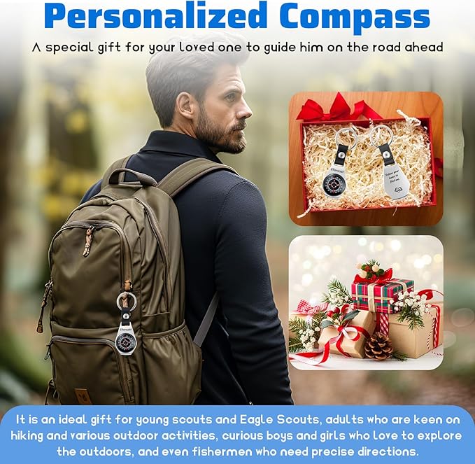 Custom Engraved Compass Keychain - Personalized Brass Compass with Luminous Function, Waterproof Survival Tool for Hiking Camping Graduation Gifts