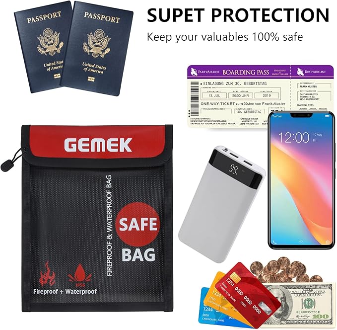 Fireproof Waterproof Money Document Bag 2 Pack, GEMEK Safe Zipper Bags, Fire & Water Resistant Storage Organizer Pouch for A4 A5 Documents Holder,File,Cash,Jewelry,Passport,Tablet,Laptop (Black)