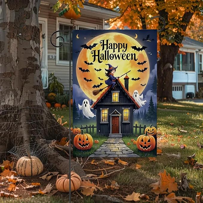 Happy Halloween Garden Flag 12X18Inch Double Side,Witch Yard flag for Outdoor,Pumpkin Small Garden Flag Decorative,Outside House Flag for Holiday Patio Courtyard Lawn