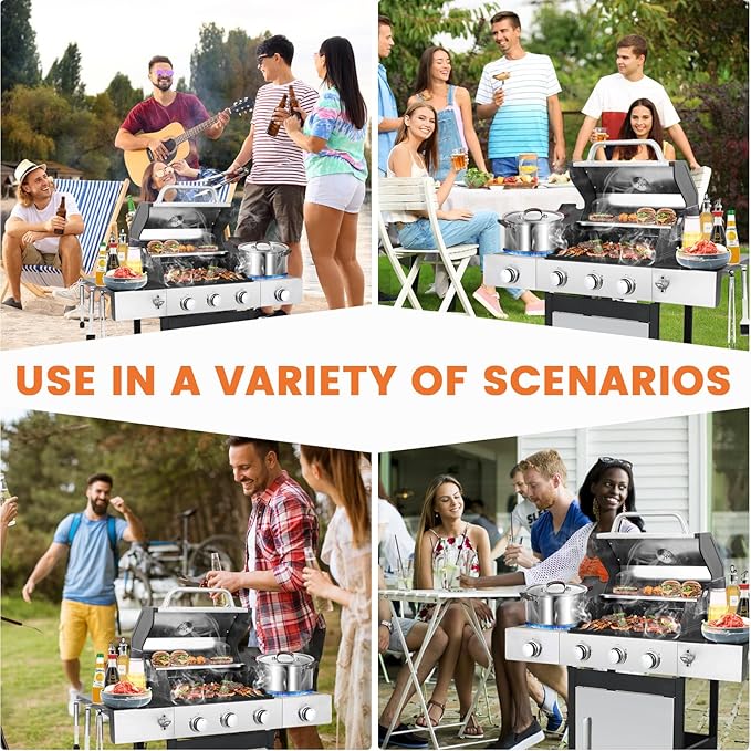 3-Burner BBQ Propane Gas Grill with Side Burner, 37230BTU Stainless Steel Barbecue Grill with Enameled Cast Iron Cooking Grids, For Camping Outdoor Cooking (Style4: 3+1 Burner)
