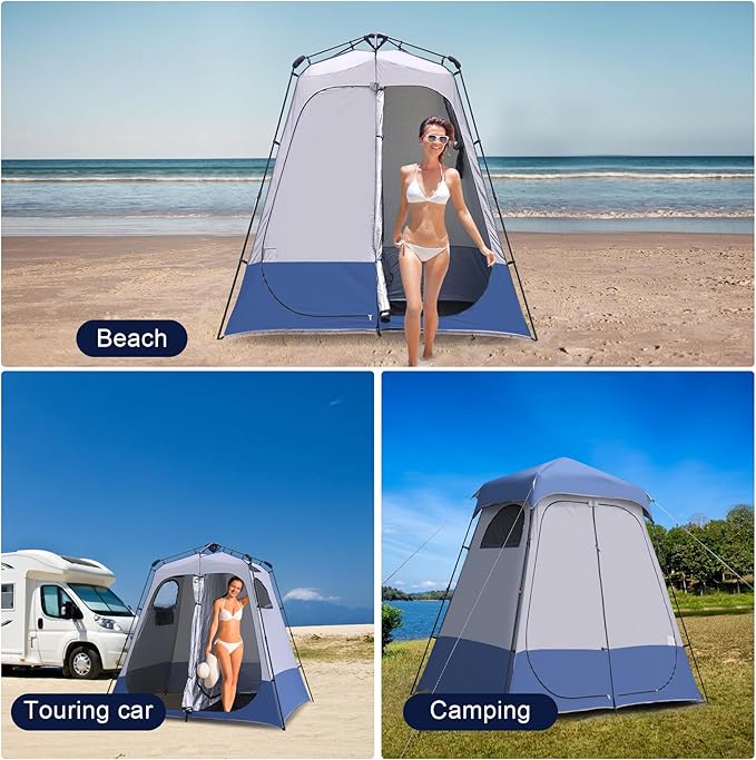 2-Room Camping Shower Tent, Instant Pop-up Privacy Shelter, Extra Large Changing Room & Toilet Tents with Ventilation, Portable Outdoor Shower with Rainfly & Floor for Dressing, Hiking, Beach, Fishing