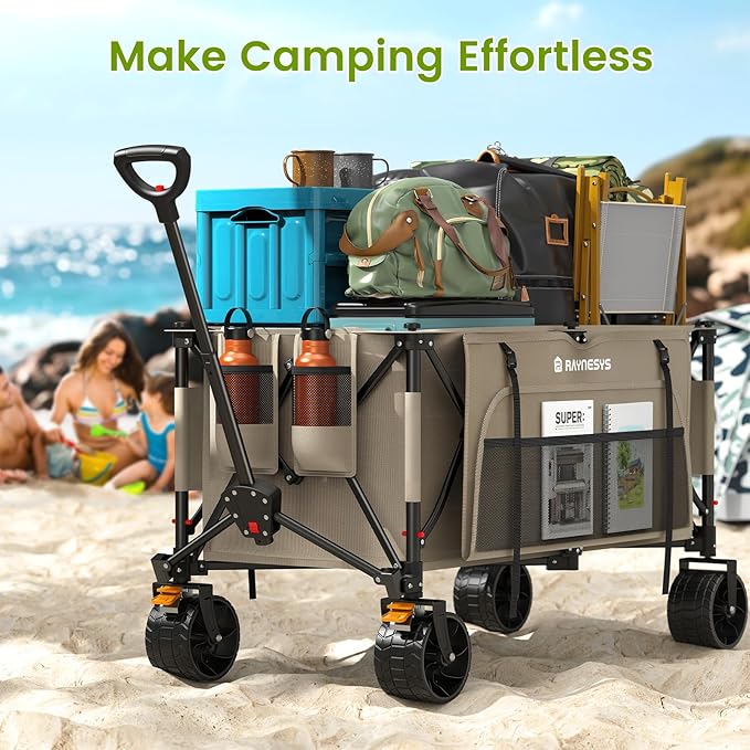 Collapsible Wagon Cart with Wheels, Foldable 440lbs 300L Heavy Duty Folding Wagon for Sports, Beach, Grocery, Camping, Coffee Brown - Upgraded Effortless Elegance