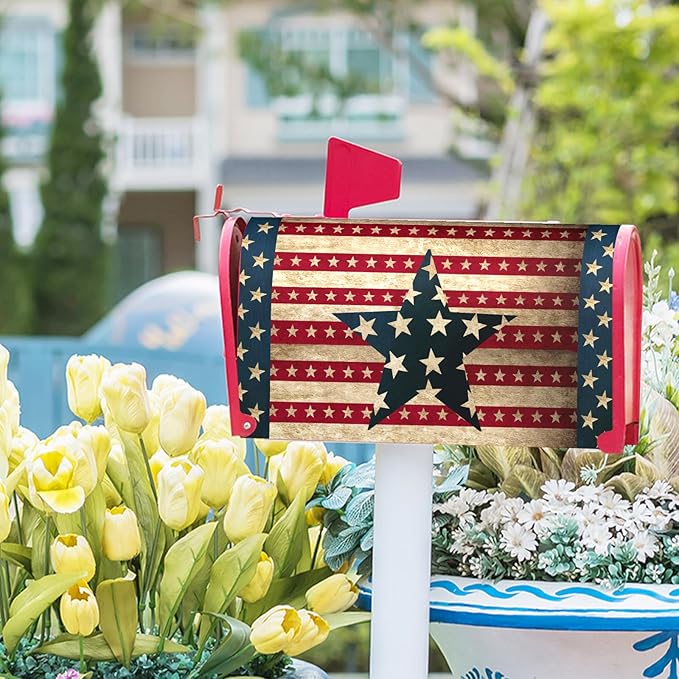 Happy 4th of July Magnetic Mailbox Cover Large Size 25.5x21inch Star Independence Day Post Letter Box Wrap Happy Holiday Dust-Proof Postbox Covers for Home Outdoor Garden Yard