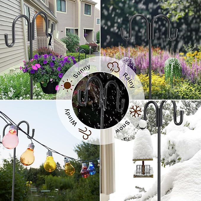 Black Double Shepherds Hook - 98 Inch Adjustable Bird Feeder Pole with 5 Prongs Base - Heavy Duty Rustproof Shepards Hooks for Outdoor Hummingbird Feeder Stand, Solar Lights, Lanterns, Flower Basket