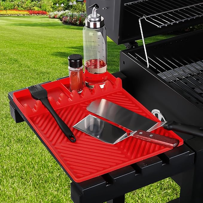 Griddle Mat Barbeque Grill Accessories Tools for Blackstone, Side Shelf Mat Grill Pad for Outdoor Grill Kitchen Counter Spatula Silicone Mat with Drip Pad for Kitchen, Cooking, Countertop (Red)