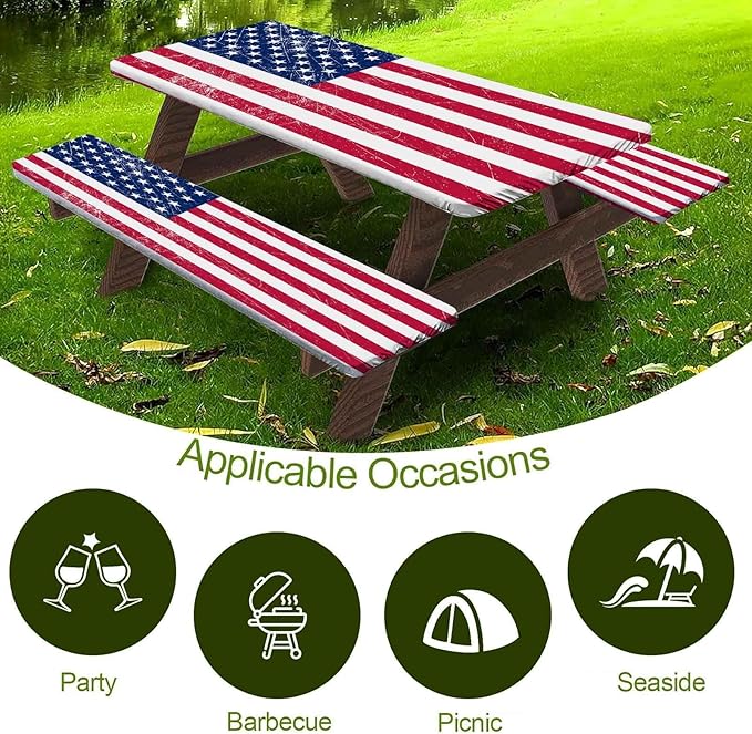 CAPSCEOLL Elastic Picnic Table Cover with Bench Covers 5Ft Waterproof Fitted Picnic Table Cover Cloths for Outdoors Camping Tablecloth with Drawstring Bag, 60X30in, American Flag