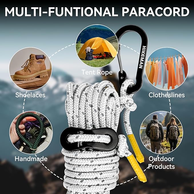 HIKEMAN Reflective Tent Rope Guyline - 4M Camping Guide Ropes,4mm Tent Guy Ropes Cord with Aluminum Tensioners Adjuster for Outdoor Camping Hiking Caravan Awning Tents (Coffee, 4mm)