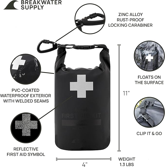 Breakwater Supply™ Waterproof First Aid Kit Dry Bag Bug Out Bag Preloaded with Emergency Survival Prepper Supplies for Boating, Camping, Fishing + Carabiner, Floating, Reflective, AFAK/IFAK Trauma Kit