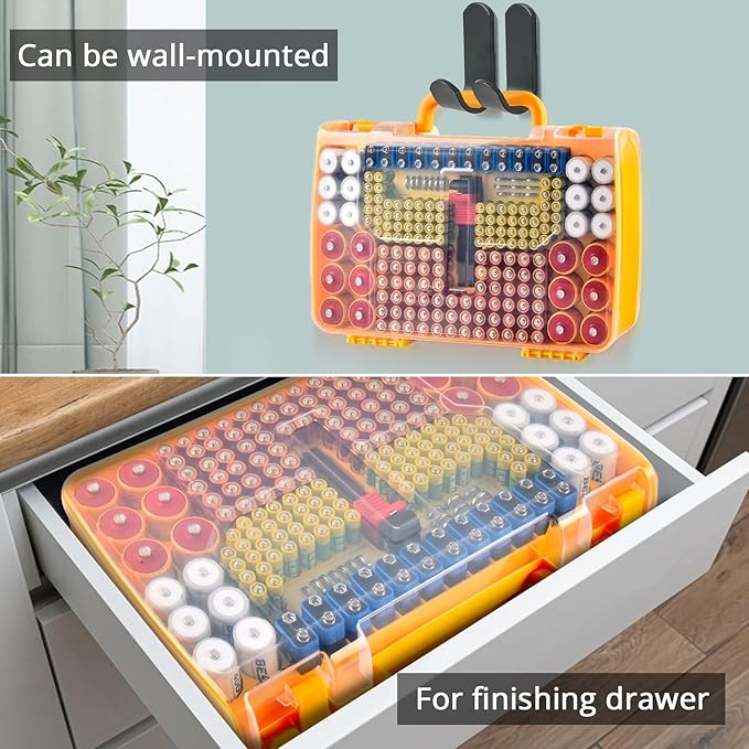 Battery Organizer Storage Holder Box Case with Tester- 269 Batteries Double-Sided Variety Pack, Holds AA AAA 4A C D Cell 9V 3V Lithium LR44 CR2 CR123 CR1632 18650 Button- Yellow (Box Only)