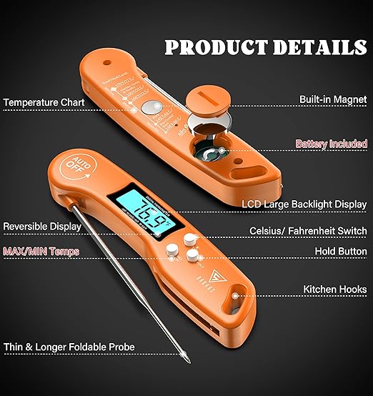 DOQAUS Digital Meat Thermometer, Instant Read Food Thermometers for Cooking, Kitchen Probe with Backlit & Reversible Display, Wide Temperature Range for Turkey, Grill, BBQ, Baking, Bread, Sourdough