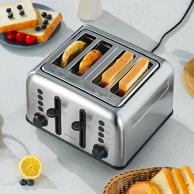 BUYDEEM DT640 Retro 4 Slice Toaster, 7 Shade Settings, Extra Wide 1.5'' Slots, Stainless Steel Toaster with Bagel Muffin Defrost Reheat Function, Retro Silver