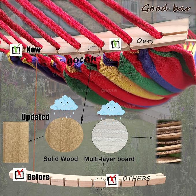 Double Hammock 2 Person Large 220x160cm with Steel Stand and Removable Spreader bar Load 500lb, Canvas Cotton Hammocks for Patio Porch Garden Backyard Outdoor and Indoor,red