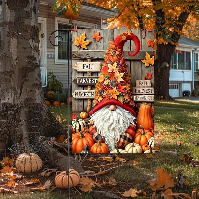 Gnome Garden Flag 12X18 Inch Double Side,Pumpkin Fall Yard Flag,Small Garden Flag Outside Decorative,Outdoor Fall Flag for Holiday Courtyard Lawn Patio