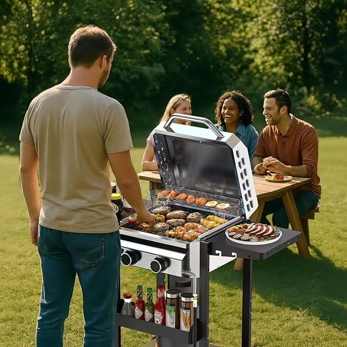 COWSAR 2-Burner Propane Gas Grill with Folding Side Tables,Stainless Steel 16,000 BTU BBQ Grill,Outdoor Grill for Barbecue,Patio,Camping