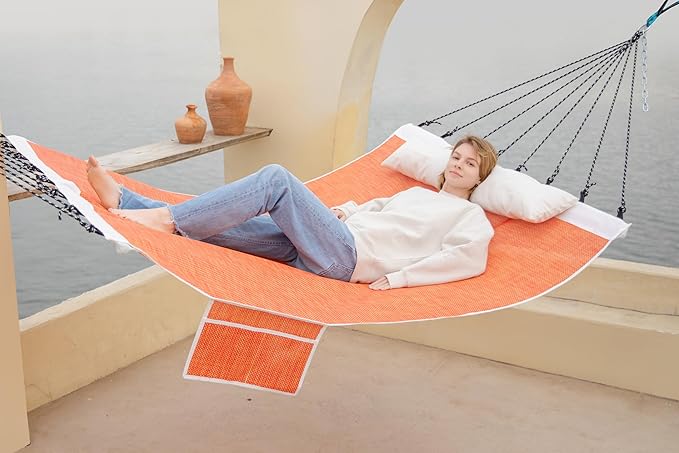 14ft Two Person Outdoor Hammock, Portable Camping with Folding Steel Spreader Bar, Carrying Bag, Carabiners, Tree Straps, Pillow & Sidebag, Quick Dry Textilene Fabric, 550 lbs Capacity (Sunset)