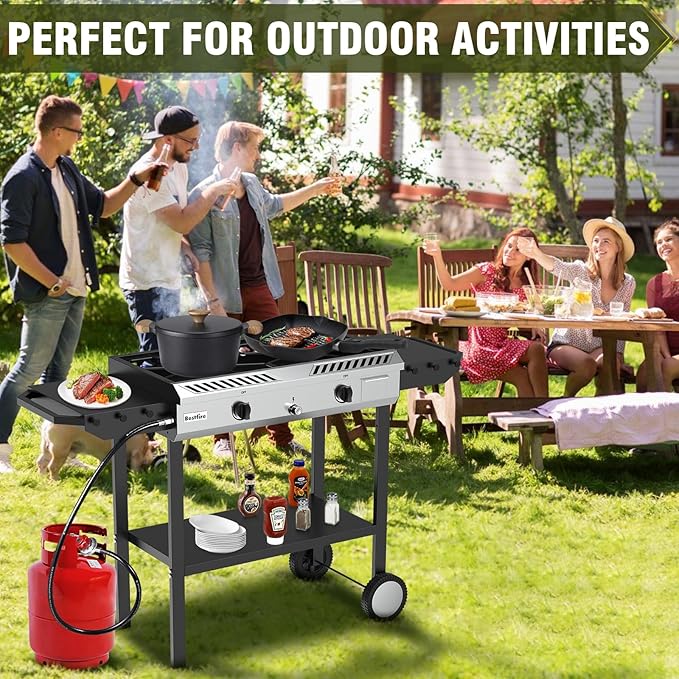 BESTFIRE 2 Burner Propane Gas Stove Outdoor Cooking Station β 150,000 BTU Double Cast Iron Burner with Auto Ignition, Regulator, Side Shelves & Wheels β Portable No-Windshield Design for Camping