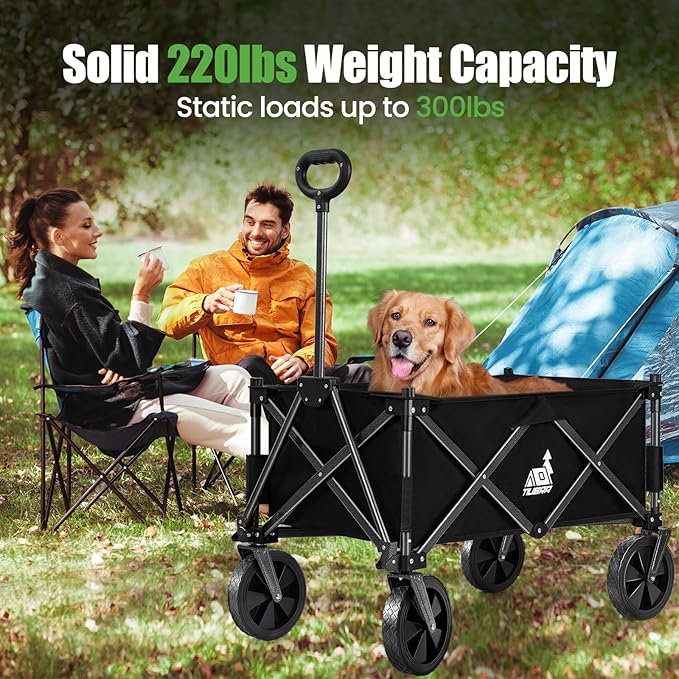 Collapsible Wagon Carts with Large Capacity, Foldable Grocery Cart with Side Pockets for Outdoor,Utility Beach Wagons Heavy Duty,300lb Load-Bearing for Camping, Garden, Sports, Shopping-Black
