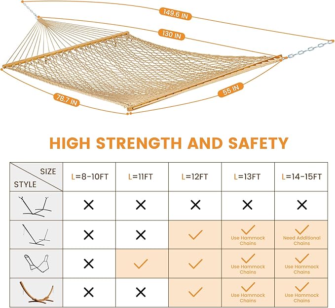 Lazy Daze Hammocks Double Rope Hammock, 2 Person Traditional Outdoor Hand Woven Cotton Rope Hammock with Spreader Bar, Chains, Tree Straps for Patio Yard - Max 450 Lbs, Tan