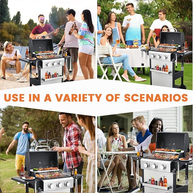 3-Burner Propane Gas BBQ Grill, 25650BTU Stainless Steel Barbecue Grill With Wire Enamel Cooking Grids, Foldable Side Table for Outdoor Camping (Style10 : 3 Burner)