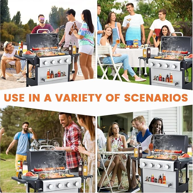4-Burner Propane Gas BBQ Grill, 34200BTU Stainless Steel Barbecue Grill With Wire Enamel Cooking Grids, Foldable Side Table for Outdoor Camping (Style11: 4 Burner)