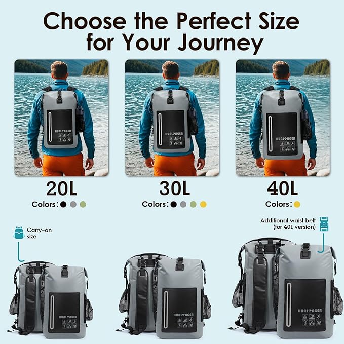 Dry Bag Backpack 20L/30L/40L- Roll Top Closure Bag - Heavy Duty Dry Bags Waterproof - Lightweight Durable Floating Dry Bag with IPX8 Waterproof Phone Case
