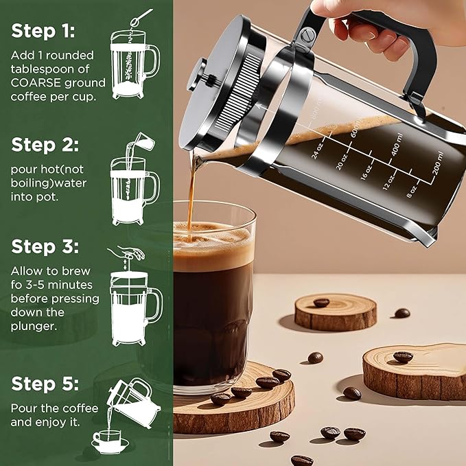 French Press Coffee Maker, 34 Ounce 1 Liter, Stainless Steel, Cold Brew Heat Resistant Borosilicate Glass Espresso Coffee & Tea Maker with 4 Filter