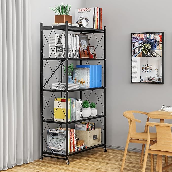 5-Tier Foldable Storage Shelf with Wheels - Metal Collapsible Shelving Unit Display, Rolling Cart for Books Kitchen Storage Shelves, Pantry & Closet Organizer, Office Room Decor - Black