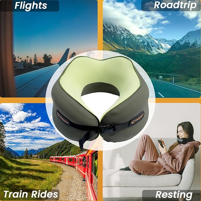 Cesperi® Travel Neck Pillow for Airplanes, Ergonomic Design, Airplane Neck Pillow with Memory Foam, Travel Essentials for Flights, Car Rides, and Home Rest, M Size, 130-200LB (Avocado Green)