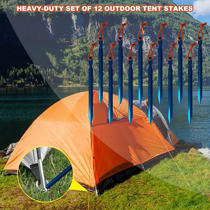12 Pack Tent Stakes, 7075 Ground Metal Camping Aluminum Tent Pegs, Lightweight Tent Stakes Heavy Duty Spikes Camping Accessories