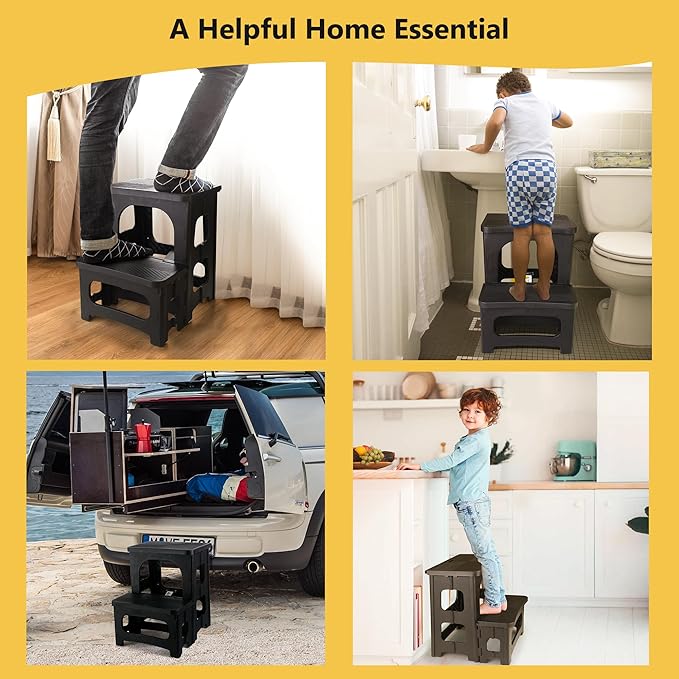 Amoise Folding 2-Step Stool, Non-Slip Portable Footstool 8'' & 17'' Dual Heights, Holds 300 lbs, Portable Footstool for Kitchen Home Toilet Bedroom Office Bathroom RV(Black)