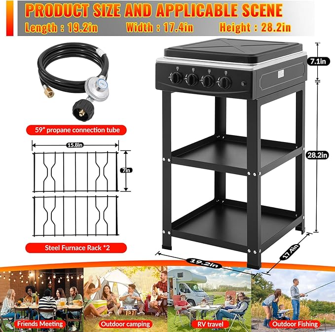 4 Burner Propane Gas Stove,300000BTU Portable Gas Stove with Support Leg Stand and Wind Blocking Cover Adapter Auto Ignition Camping Stove,propane burner for RV, Apartment, Outdoor Cooking