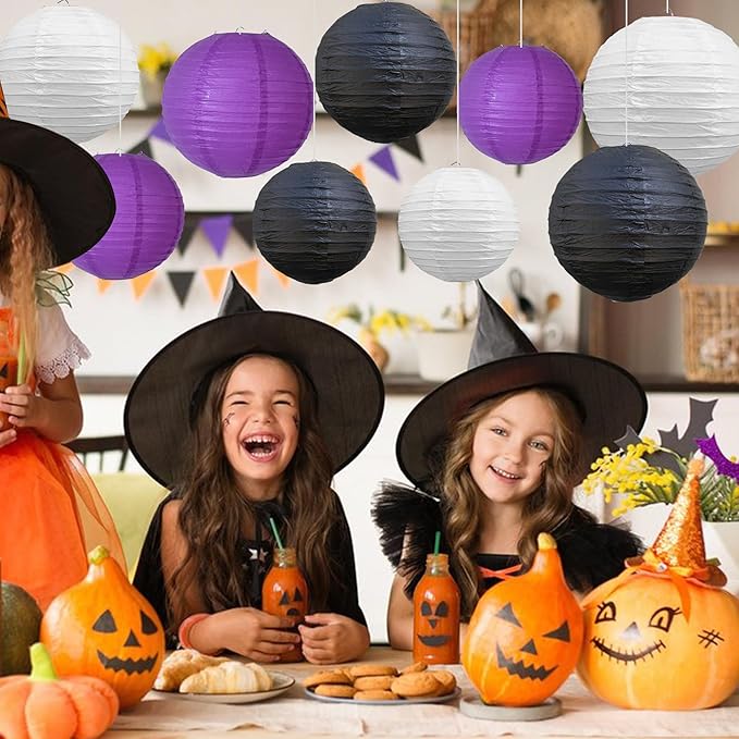 BEISHIDA 12Pcs Purple Black White Paper Lanterns Decorative Chinese/Japanese Hanging Round Paper Lanterns Lamp for Halloween,Birthday, Wedding, Christmas, Bridal,Home Decor, Party Decoration