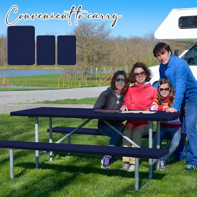 Irenare 3 Pcs Picnic Table and Bench Fitted Tablecloth Cover for 6 Ft Table 30 x 72 Inch Vinyl Fitted Elastic Edges Waterproof Wipeable Tablecloth for Indoor Outdoor Picnics Patio Camping (Navy Blue)