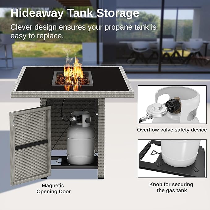 EAST OAK 44'' Propane Fire Pit Table, 60,000 BTU Gas Fire Table w/Aluminum Frame, H Type Burner and Tempered Glass Tabletop, CSA Listed Outdoor Patio Firepit, Fire Glass and Lid, Grey