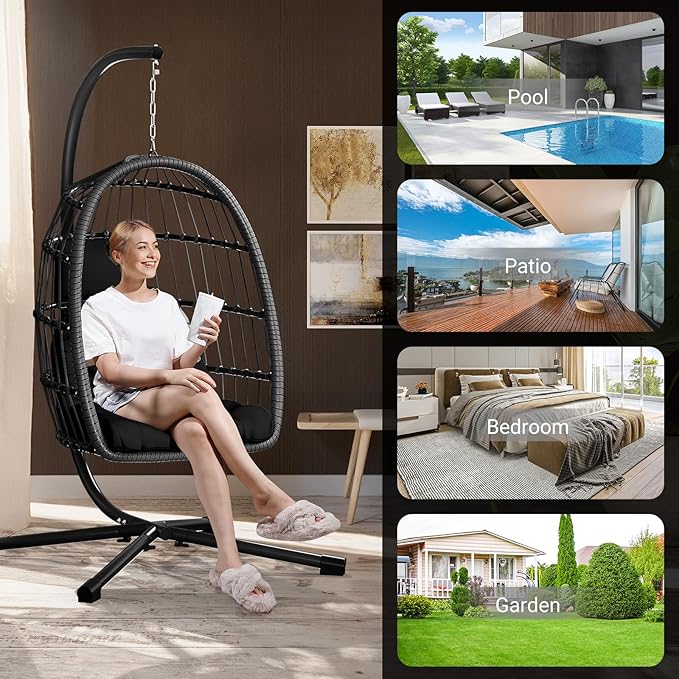 LEVELEVE Egg Chair with Stand,Patio Rattan Wicker Hanging Swing Egg Chair Hammock Chair for Bedroom Porch Garden,Thickened Aluminum Alloy Steel Frame and UV Resistant Cushion,350LBS Capacity