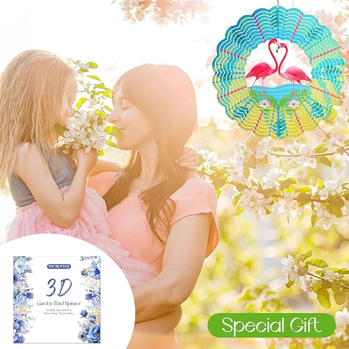 Flamingo Wind Spinners Garden Yard Decor Gift for Women Men, 12 Inch Outdoor Metal 3D Wind Spinner, Stainless Steel Hanging Wind Catchers Kinetic Sculpture for Outside Decoration