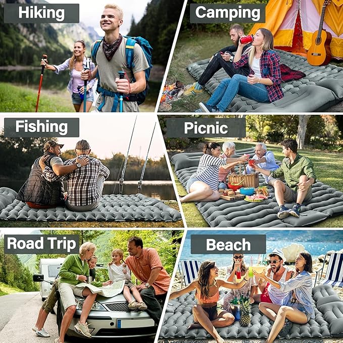 Double Camping Sleeping Pad – 4" Ultra-Thick Foot-Pump Design, Lightweight 2-Person Inflatable Sleeping Mat with Pillow for Backpacking, Hiking, Travel, Tent – Gray