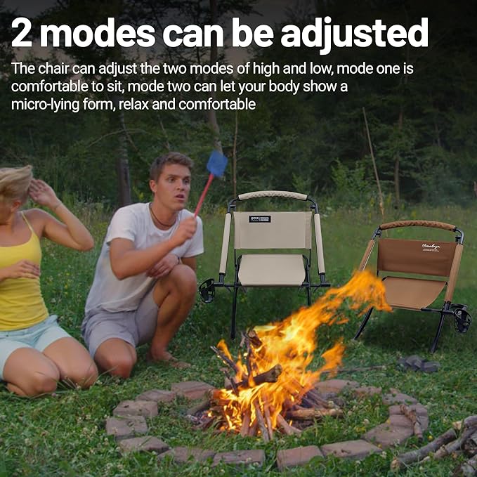 Folding Chair Double-Side Seat, Camping Chair Usable On Both Sides, One Chair Two Heights, Carbon Steel Portable Foldable with Cup Holder for Camp Beach Picnic Patio Sports Brown Beige