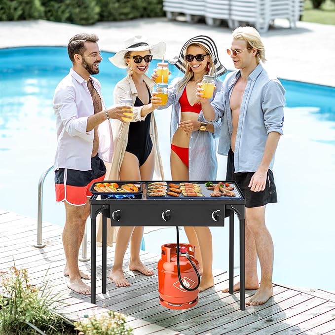 Outvita 3 Burner Propane Gas Stove for Outdoor Cooking, 225,000 BTU Camping Cooker with Removable Legs, Temperature Control Knobs for Backyard Cooking, BBQ, Baking and Frying