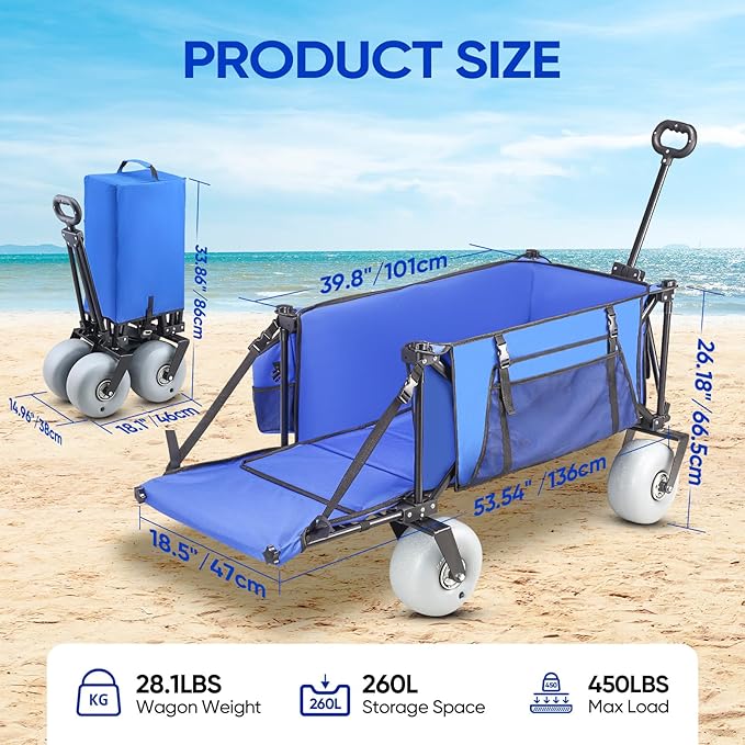 Beach Wagon with Big Wheels for Sand,260L Extra Large Beach Cart with 9" All-Terrain Balloon Wheels, Heavy Duty Folding Wagon, Adjustable Handle,450lb Capacity for Outdoors & Fishing