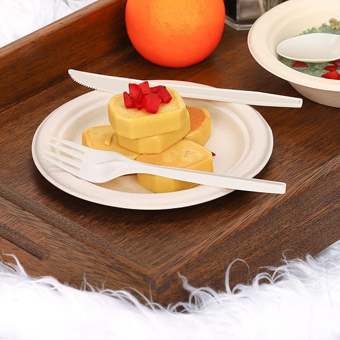 Gezond 100% Compostable Cutlery Set 150 Pack Extra Long Disposable Cutlery with 50 Forks 50 Spoons 50 Knives 7 Inch No Plastic Biodegradable Utensils for Party Wedding Camping Office Picnic