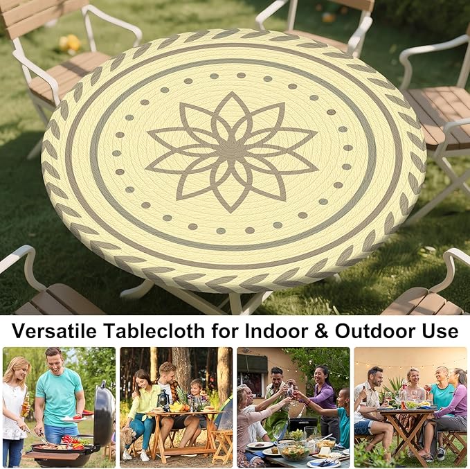 Round Tablecloth Fitted Elastic Table Cover Waterproof Table Cloth for Dinner, Party, Picnic,Camping, Round Table Cover for Indoor Outdoor