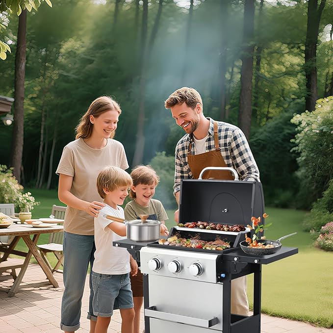 3-Burner Propane Gas BBQ Grill with Porcelain-Enameled Cast Iron Grates and 2 Foldable Side Table, 25,650 BTU Stainless Steel Grill for Outdoor Camping Barbecue Grilling Backyard Cooking - Silver