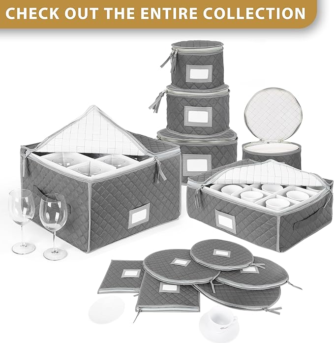 Fine China Storage - Set of 4 Quilted Cases for Dinnerware Storage. Sizes: 12" - 10" - 8" and 7" Wide - Gray - 48 Felt Plate Separators Included