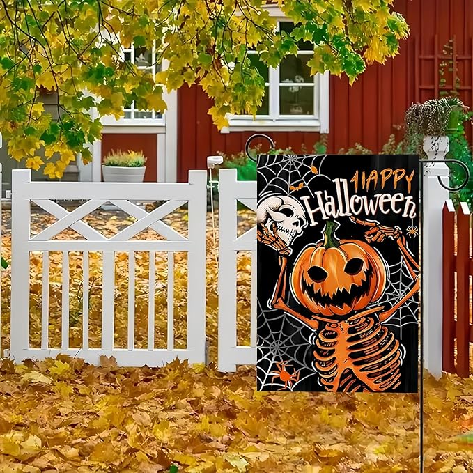 Happy Halloween Garden Flag 12X18 Inch Double Side, Skull Pumpkin Lantern Yard flag,Outside Small Garden Flag Decorative, Outdoor Outside Flag for Holiday Patio Courtyard Lawn