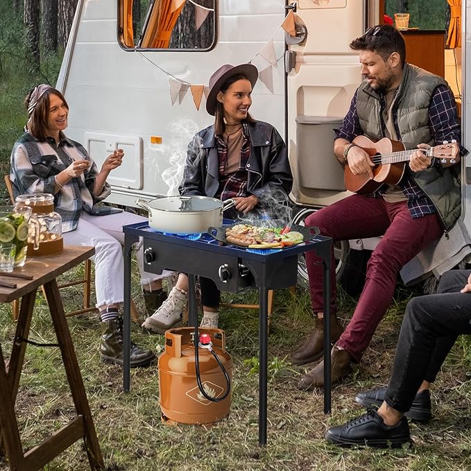 Outvita 2 Burner Propane Gas Stove for Outdoor Cooking, 150,000 BTU Camping Cooker with Removable Legs, Temperature Control Knobs for Backyard Cooking, BBQ, Baking and Frying